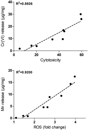 Figure 6. Correlation between metal release and toxicity. The upper figure shows linear regression between the Cr(VI) release in PBS per fume mass and cytotoxicity observed after exposure to 50 µg/mL of welding particles for 24 h. The lower figure shows the correlation between Mn release in PBS per fume mass and induction of acellular ROS assessed by DCFH-DA.