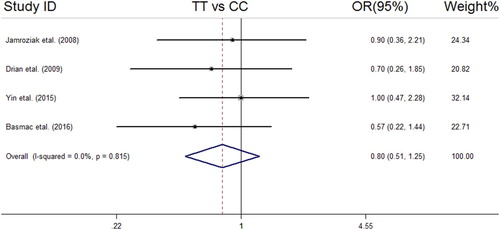 Figure 6. Forest plot of association between MDR1 (rs1045642 C > T) SNP and MM risk under TT vs. CC model.