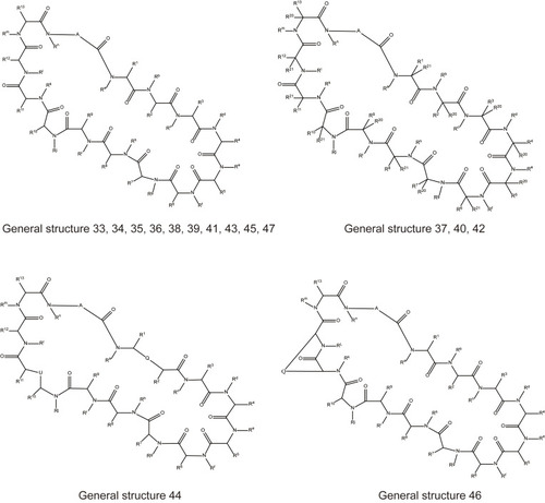 Figure 7 The general structures of macrocycles: general structure 33 and 34 represent macrocyclic compounds; general structure 35, 36, 37, 38, 39, 40, 41, 42, 43, 44, 45 and 46 represent macrocyclic peptides.