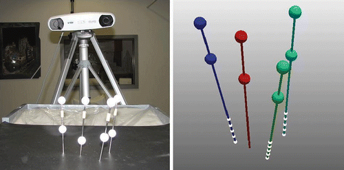 Figure 2. Sample needle configuration with three navigation aids and one target needle: real needles (left) and virtual representation (right) with corresponding model points (white) on the navigation aids. [Color version available online.]