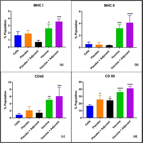 Figure 1 Flow cytometry analysis results to quantify dendritic cell surface marker expressions. (a) MHC I, (b) MHC II, (c) CD 40 costimulatory, and (d) CD 80 costimulatory. All results are expressed as mean ± SD (n=3). Statistical significance as observed by post-hoc analysis of ANOVA with cells alone treatment group as the negative control. *p<0.05, ***p<0.001, and ****p<0.0001.