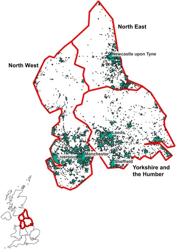 Figure 1. The three Northern England ITL1 regions and core cities.