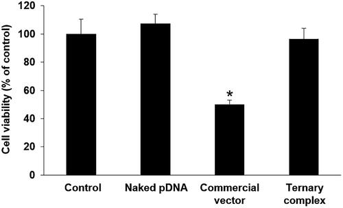 Figure 3. Cytotoxicity of the ternary complex in RAW264.7 cells. RAW264.7 cells were transfected with naked pDNA or the ternary complex containing pDNA. After incubation, cell viability was determined using a Cell Counting Kit-8. Each bar was the mean ± S.E. *p < .05 vs. control.