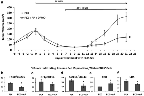 Figure 2. AP slows the progression of BRAF inhibitor resistant YUMM1.7 tumors. A. C57Bl/6 mice were subcutaneously injected with 4 × 105 YUMM1.7 cells in the right flank. When tumors were approximately 200 mm3 in size, treatment with PLX4720 (417 mg/kg PLX4720 mouse chow) was initiated in all mice. After one week of PLX4720 therapy, mice with similar-sized tumors were organized into two treatment groups and treatment with AP (0.5 mg/kg, i.p. daily) plus DFMO (0.5% w/v in the drinking water) was initiated in half the mice. Treatment with PLX4720 was maintained in both treatment groups until the mice were sacrificed. Graph shows YUMM1.7 tumor growth under different treatments (mean tumor volume ± SEM). Upon sacrifice, tumors were excised from YUMM1.7-tumor bearing mice and equal numbers of cells were analyzed by flow cytometry. Infiltrating CD45+ leukocytes were analyzed for (b) M2 macrophages (F480+/CD206+) ± SEM, (c) MDSCs (Gr1+/CD11b+) ± SEM, (d) immature dendritic cells (CD11b+/CD11c+) ± SEM, (e) CD8+ T-cells ± SEM and (f) CD4+ T-cells ± SEM. n = 7–10 mice per group; * = p ≤ 0.05 and # = p ≤ 0.01 compared to vehicle treated mice