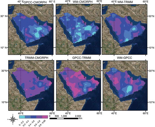 Figure 5. Correlation maps between precipitation products.