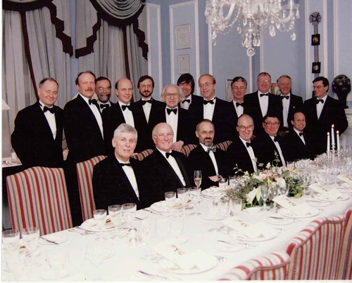 Figure 9.2. (colour online) Kyoto Prize celebration dinner held in London, hosted by Merck (1995). Left to right: (back row) Rudi Eidenschink; Martin Pellatt, Keith Archer, Peter Raynes, Detlef Pauluth, Cyril Hilsum, Harry Coles, Thomas Schreckenbach, Bob O’Connell, David Durant, Jürgen Gehlhaus, Hans Radunz. Front row: Wolfgang Höhn, George Gray, Michael Römer, Geoffrey Luckhurst, Bill Crossland, Rod Riddle. © [Merck KGaA, Darmstadt, Germany]. Reproduced by permission of Merck who supplied the picture to M. G. Pellatt.