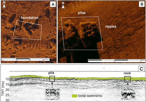 Figure 3. Archaeological targets deriving from geophysical surveys: A) SSS target of a foundation of the Termae Gymnasium at Torre del Greco, site 7; B) SSS target of a pila composing the pier at Nisida port, site 1; SBP targets of a buried pila and a rock at Seiano villa, site 9.