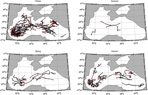 Figure 8. Trajectories of all storm events for each season.