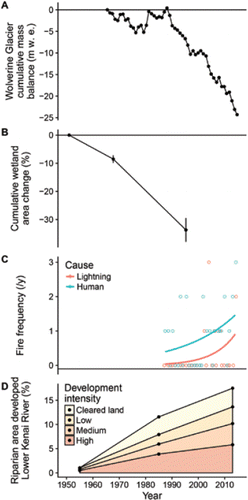 Figure 6. Landscape changes on the Kenai Peninsula: (A) cumulative loss of mass, meters of water equivalent, of Wolverine Glacier, a representative coastal glacier in the Kenai Mountains (data from CitationO'Neel et al. 2014; S. O'Neel, U.S. Geological Survey, unpublished data); (B) cumulative change in herbaceous wetland area at 11 representative sites, Kenai Lowlands, means ± SE (data from CitationBerg et al. 2009); (C) frequency of lightning- and human-caused wildfires (area >40.5 ha) in the Kenai Peninsula Borough (curves represent Poisson regression fits; see Supplemental Information for methods); and (D) increasing footprint of human development within 1 km of the lower Kenai River (determined from aerial photography; see Supplemental Information for methods).