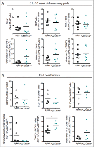 Figure 4. Il-1r1 ablation does not affect the proportions of immune infiltrates in the mammary fat pad during early or late tumorigenesis. (A) Flow cytometric analysis of immune infiltrates as a percent of total CD45+ cells in mammary fat pad of PyMT or PyMT/Il1r1−/− mice at 6 and 10 weeks of age (n = 7–8 mice per genotype, Student's t-test). (B) Flow cytometric analysis of intra-tumoral immune infiltrate populations as a percent of total CD45+ cells in mammary carcinomas of PyMT or PyMT/Il1r1−/− mice when tumors reached a volume of 1 cm3 (n = 5 mice per genotype, Student's t-test).