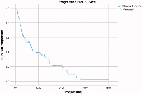 Figure 2. Kaplan–Meier analysis of progression free survival in oligoprogressive metastatic disease. Median progression free survival was 7.8 months.