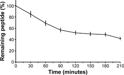 Figure 5 Stability of the gH625 peptide in serum.Notes: The remaining peptide is reported as a function of time. Values represent the mean ± standard error of three different experiments.