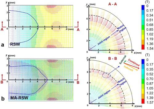 Figure 10. Distribution of the magnetic field in the welding region (welding time, 0.3 s). (a) RSW and (b) MA-RSW.