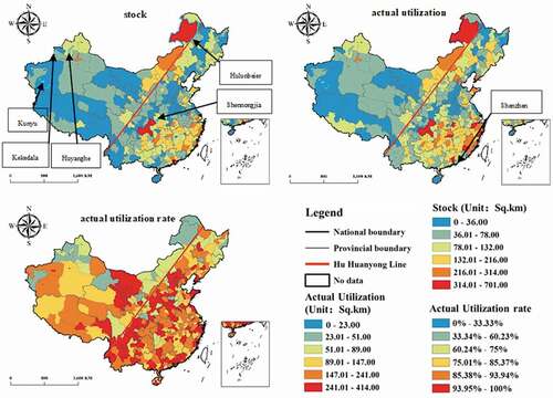 Figure 6. Spatial patterns of intra-urban green space and its actual utilization at the city level in China