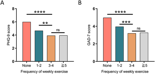 Figure 1 The distribution of PHQ-9 and GAD-7 scores based on the frequency of weekly exercise. (A) PHQ-9; (B) GAD-7. **Indicates P < 0.01, ***Indicates P<0.001, and ****Indicates P<0.0001.