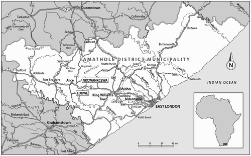 Figure 1: The Amathole District Municipality, Eastern Cape Province, showing the villages selected for research