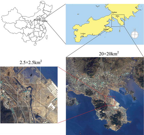 Figure 1. Entire study area and the sub-study area, located in Dalian, China. For full color versions of the figures in this paper, please see the online version.