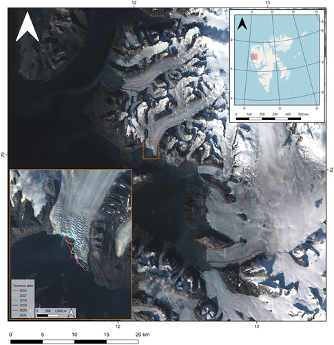 Figure 1. Main image: RGB Sentinel-2 image of Kongsfjorden (27/08/2021) and the surrounding glaciers, the Blomstrandbreen terminus is highlighted by the orange dashed box. Top right inset: Kongsfjorden region relative to the archipelago of Svalbard. Map courtesy of OpenStreetMap contributors data available under Open Database Licence (licenced as CC BY-SA). Bottom left inset: RGB Sentinel-2 (10/09/2021) image of Blomstrandbreen with the final terminus position of each year overlaid from GEEDiT.