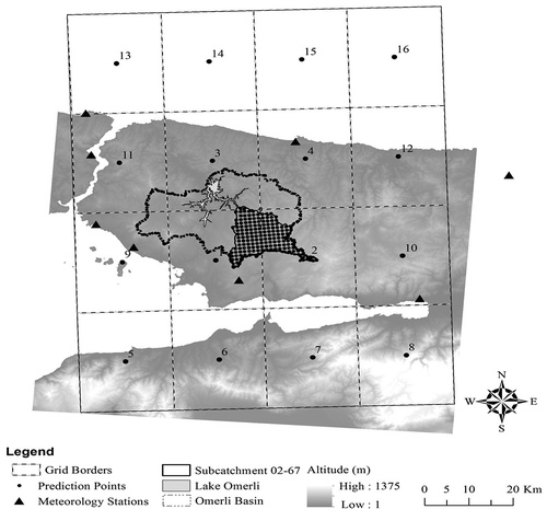 Figure 4. The 16 numbered 25-km RCM grids around the Omerli basin and 1-km GWR prediction grids within the sub-catchment. The locations of meteorological stations are also shown.