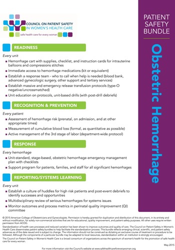 Box 1 Obstetric hemorrhage safety bundle from the National Partnership for Maternal Safety, Council on Patient Safety in Women's Health Care.