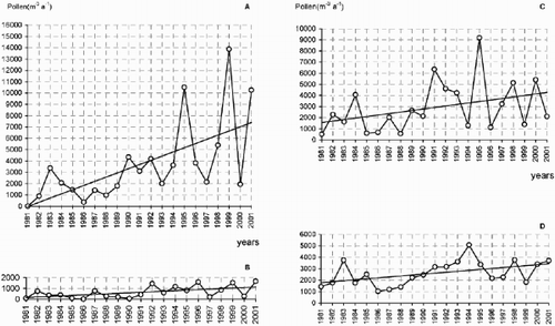 Fig. 10. Development of the total amount of pollen (PK per m3 and year) in Obergurgl. The starting and final values were determined by the regression line: Alnus (–), Betula (×7.7), Pinus (×2.7), Poaceae (×1.9).