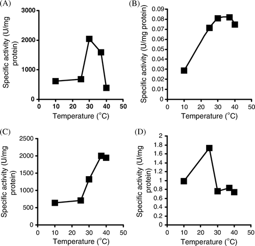 Figure 4.  Effect of temperature on enzymes production of Pseudomonas aeruginosa (A) Lipase enzyme, (B) Protease enzyme, (C) polygalctoronase enzyme, (D) Alkaline phospatase enzyme.