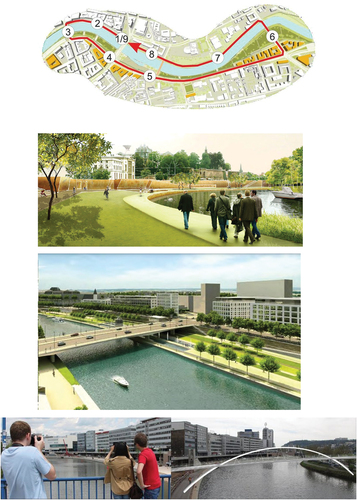Figure 2. (left to right) the nine stations in the (smart walk), 3D virtual images accompanied the virtual tour, the virtual 3D model of the pedestrian bridge integrating into real landscape.