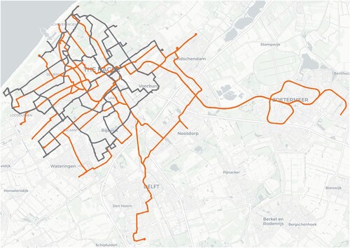 Figure 1. The Hague tram (orange) and bus (grey) networks in March 2015.