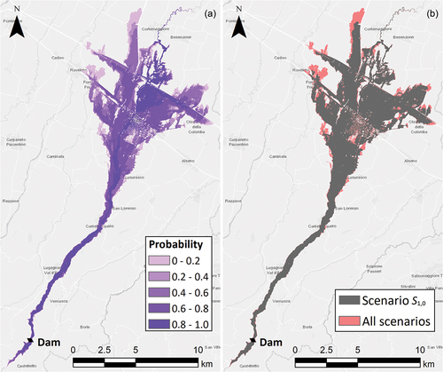 Figure 3. (a) Probabilistic inundation extent map. (b) Flooded areas for the reference scenario (S1,0) superimposed on the envelope of the inundation extent of all scenarios.