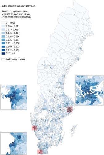Figure 6. The spatial distribution of IPTP in the DeSo areas in Sweden based on average number of departures from the nearest transport stop within a 400-metre walking distance of each populated grid in each DeSo area.