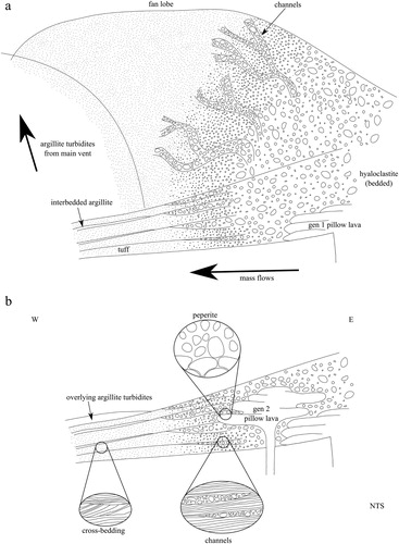 Figure 12. interpretative cross-section of the Riverton section along the Colac Bay coast, showing a proposed structure and sequence of events for deposits of the western vent (not to scale): A, Initial generation of pillow lava is accompanied by generation of hyaloclastite which is redeposited in a submarine fan lobe by a series of channel-forming mass flows. B, A second (observed) generation of pillow lava intrudes these deposits to form peperite.