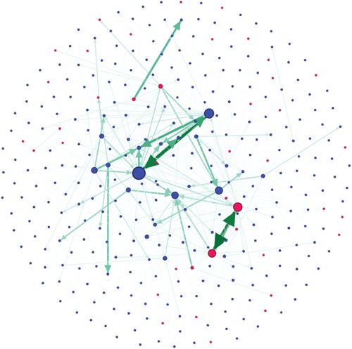 Figure 3. Co-mention networks of authors in the local colour discourse. Node size indicates weighted degree centrality, node colour indicates gender (blue=male, red=female). Edge size and colour indicate weight. For sake of readability, no node labels are shown (N=342).