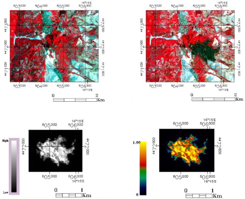 Figure 11. Stigliano fire. Upper: Sentinel-2 image (pre-fire); Sentinel image (post-fire). Lower: dNBR; dNBR (range).