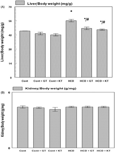 Figure 1. Effect of GT and KT on the liver (A) and kidney (B): body weight ratios. Cont, control diet; Cont + GT, control diet + green tea; Cont + KT, control diet + kombucha; HCD, high-cholesterol diet; HCD + GT, HCD + green tea; HCD + KT, HCD + kombucha. Data represent mean ± SD (n = 8 for each group). Values are statistically presented as follows: *p < 0.05 significant differences compared with controls. #p < 0.05 significant differences compared with cholesterol group (HCD) rats.