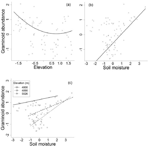 FIGURE A3. Graphs illustrating significant quadratic and interaction terms involved in best subset generalized linear model (GLM) for graminoid abundances (combining data from five quadrats of 1 m2 within each combination of elevation and aspect zone in our study area) at Nam Tso, Tibet Autonomous Region of China, in 2009. Regression lines were based on estimates of parameters in each LME model. The explanatory variables used in the full model to derive the best subset models include first and second order terms for elevation, soil moisture, grazing intensity, pika burrow, solar radiation index, and surface roughness, and interaction terms between grazing intensity, elevation, and soil moisture.