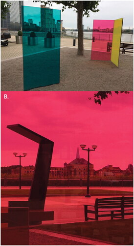 FIGURE 3 Shine Your Colors, 2021: (A) blue, pink, yellow; (B) red vision.