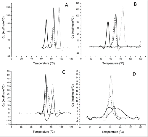 Figure 4. Thermal unfolding curves of 4 therapeutic antibodies and Fc fragments in acidic solution. Temperatures inducing melting of tocilizumab (dotted line), panitumumab (dashed line), nivolumab (thick solid line) and atezolizumab (thin solid line) was recorded at pH 6.0 (A) or pH3.5 (B), and related Fc at pH6.0 (C) or pH3.5 (D).