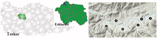 Figure 1. Location and topographic map of the study area; numbers of record places: (1) Mihalgazi centre, (2) Sakarılıca (3) Bozaniç, (4) Alpagut, (5) Karaoğlan, (6) Demirciler.