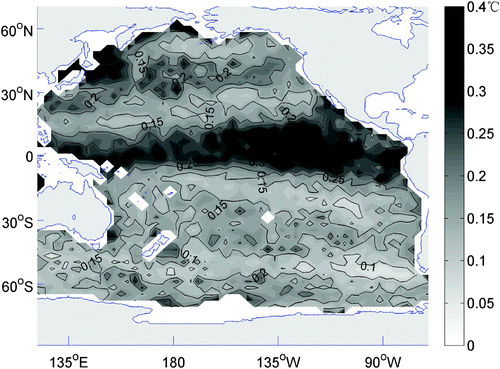 Fig. 13 Distribution of the average root-mean-square errors in all layers for the cross-validation of the MDINEOF construction in the Pacific Ocean.