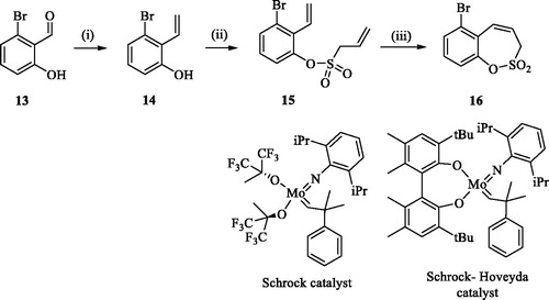 Scheme 2. Reagents and conditions: (i) KOtBu, CH3P(C6H5)3Br, THF, RT, 18 h, 82%; (ii) 4, NEt3, CH2Cl2, 0 °C to RT, 4 h, 66%; (iii) a) 6 (5 mol% and 10 mol%), toluene, 70 °C, 40 h, 0%; b) Schrock catalyst [Mo] (10 mol%), toluene, 70 °C, 16 h, 0%; c) Schrock–Hoveyda [Mo] (10 mol%), toluene, 70 °C, 16 h, 0%;