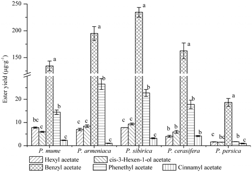 Fig. 4. The selective specificities for alcohol substrates of flowers from different species.Notes: The Y axis represents the ester yield (μg g−1) with ethyl acetate as the solvent. The error bars show standard deviation. The different lowercase letters in the same group represent significant difference in Duncan’s multiple range test (P < 0.05).