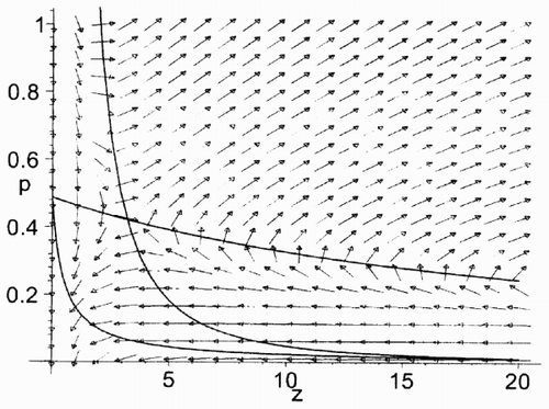 Fig. 2. The vector field of the Hamiltonian system (Equation7) (Equation8) for υ = 4, b = 4, κ = 1, ρ = 0.2, γ = 0.5 (a Maple simulation).