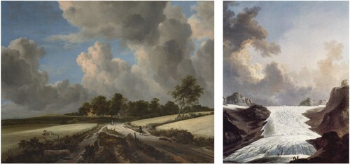 Figure 5. (5a, left) Jacob van Ruisdael, Wheat Fields, oil on canvas, 1665–1670, Metropolitan Museum of Art, New York, https://en.wikipedia.org/wiki/Wheat_Fields_(Ruisdael)#/media/File:Wheat_Fields_MET_DP145911.jpg. (5b, right) Johann Heinrich Wüest, The Rhône Glacier, oil on canvas, 1775, Kuntshaus Zurich, Zurich, https://en.wikipedia.org/wiki/Johann_Heinrich_W%C3%BCest#/media/File:Der_Rhonegletscher_-_Johann_Heinrich_W%C3%BCest_(Kunsthaus_Z%C3%BCrich).jpg