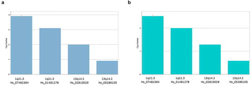 Figure 1. CopyCaller example of analysis of Copy Number Variants (CNVs) with a RT-PCR approach. In this approach, the way to calculates CNVs varies depending on the availability of a calibrator sample that has a known copy number for the target of interest. As shown in A and B panels, the results of our analysis for U266 MM cell line substantially changed copy numbers by using different calibrator samples. This represented a limitation in the use of RT-PCR technique applied to CNV analysis in our samples