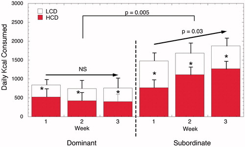 Figure 6. Average (±SEM) daily caloric intake for dominant and subordinate female rhesus monkeys from both a low caloric (LCD) and high caloric diet (HCD). Redrawn from Arce et al. (Citation2010) and Michopoulos et al. (Citation2012c).