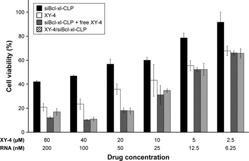 Figure 10 Anti-cancer abilities of different formulations containing XY-4 or/and Bcl-xl siRNA against B16 cells after treatment for 72 h (CLP= cationic liposome).