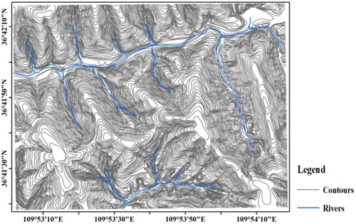 Figure 1. Contours and rivers with a scale of 1:10,000 in the study area.