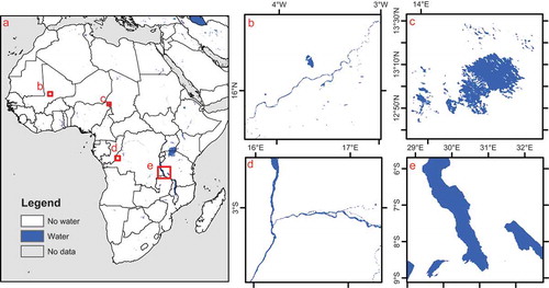 Figure 7. Overview of the 250-m permanent water body map (a) and subsets revealing the spatial consistency of the map in various contexts: the Niger river (b), Lake Chad (c), the River Congo, (d) and the Lake Tanganyika and Lake Rukwa (e).