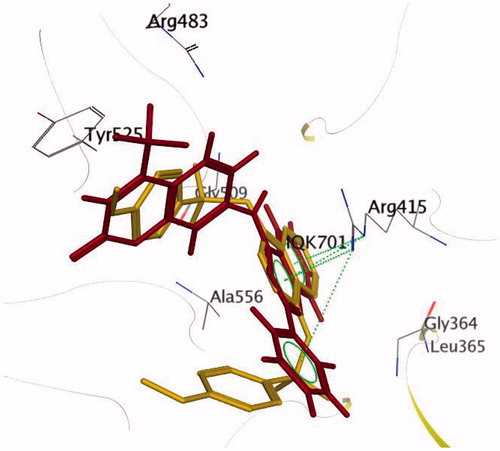 Figure 4. Overlap of compound 11 (maroon) over native ligand (yellow) (PDB ID: 41QK).