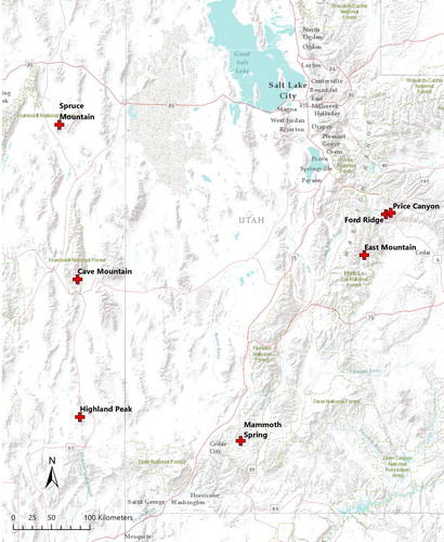 Figure 1. Locations of the seven subalpine forest sites mapped using sUAS within the Great Basin and Colorado Plateau ecoregions. Map data courtesy of Esri, Garmin, USGS, NOAA, and NPS.